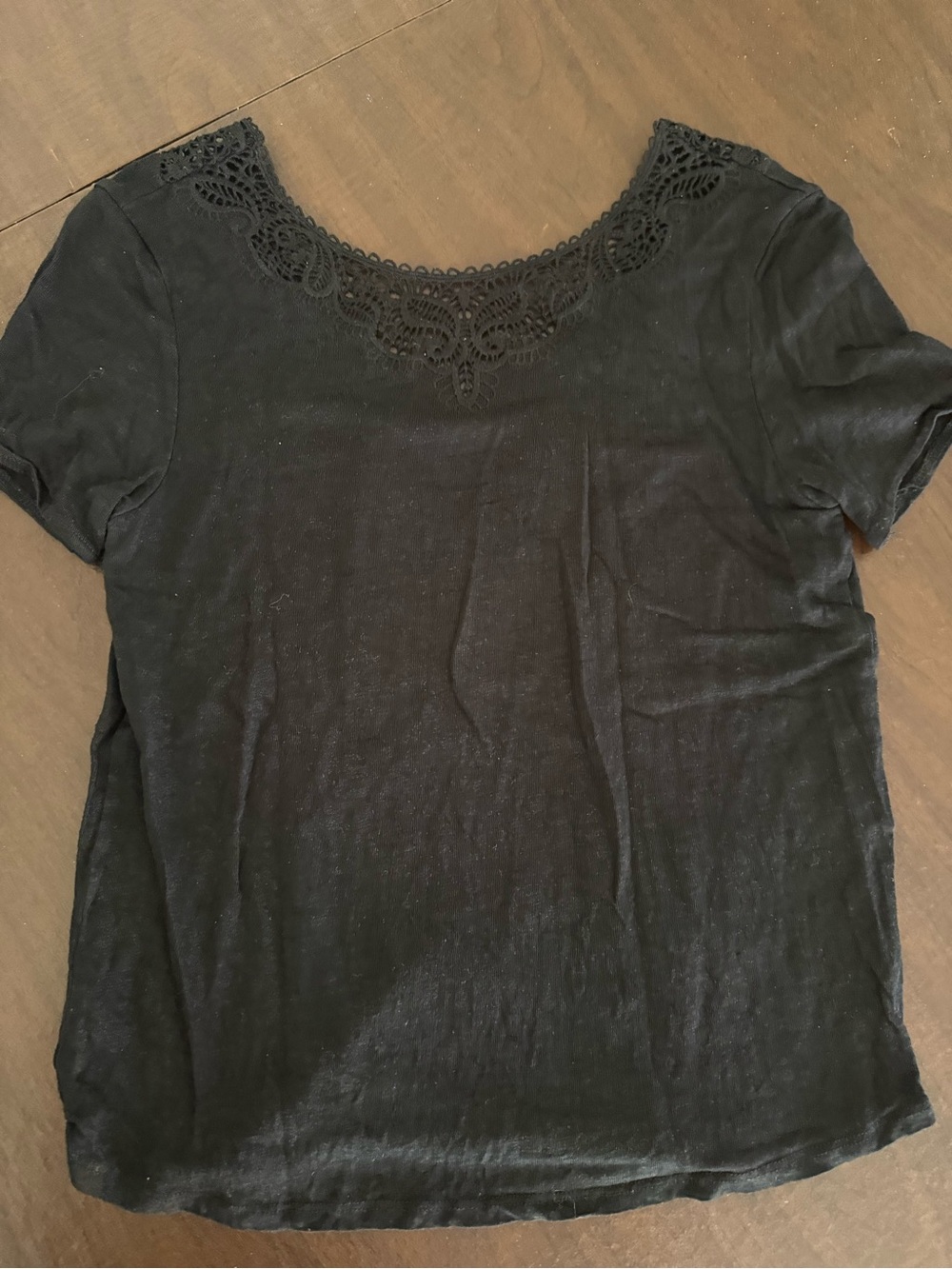Sezane Black Short-Sleeve Tee with Lace-Trim Scoop Neck